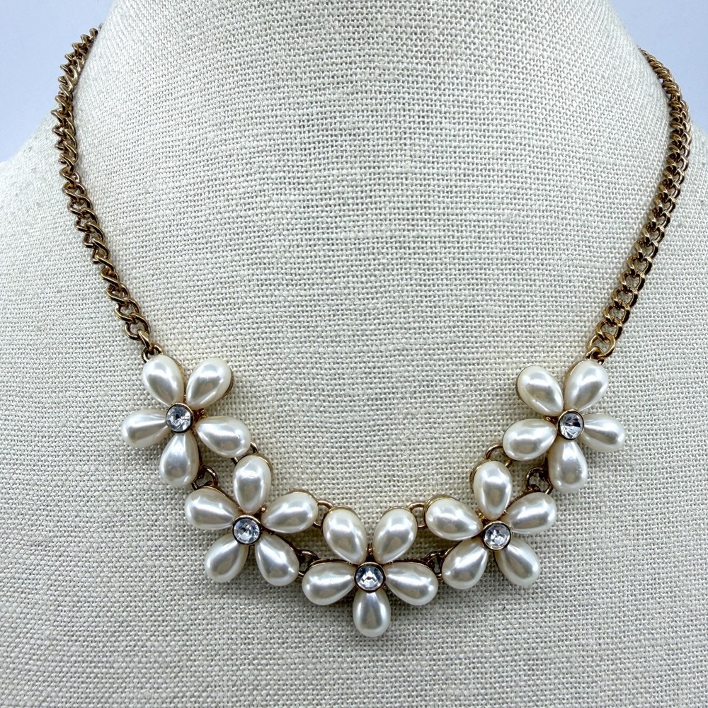 Floral Pearl Rhinestone Necklace Gold Tone Statement Coquette Cottagecore Gift
